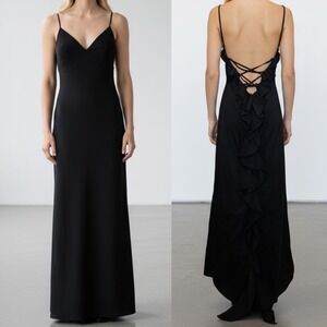 Flavio Castellani Frills Maxi Dress Black NEW Spaghetti Strap size 44 / US 8